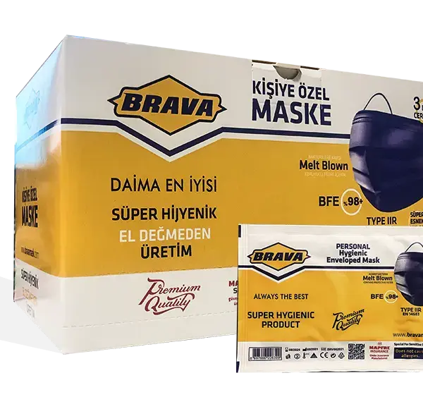 Brava 3 Katlı Hijyenik Maske %98.5 BFE 2'li Paket Mavi – 50'li Kutu