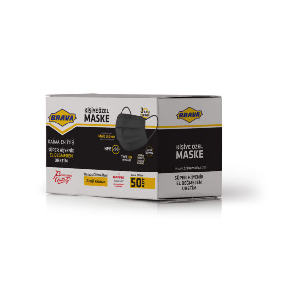 3 Katlı Medikal Maske %98.5 BFE Siyah – 50'li Kutu